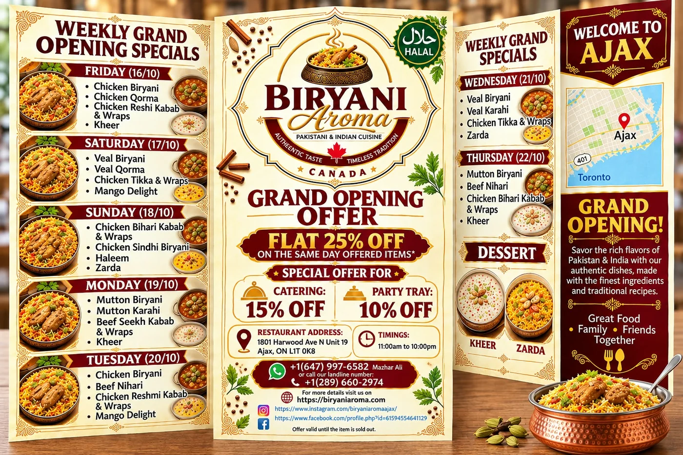 Biryani Aroma grand opening flyer: weekly specials, 25% off, catering and party tray offers