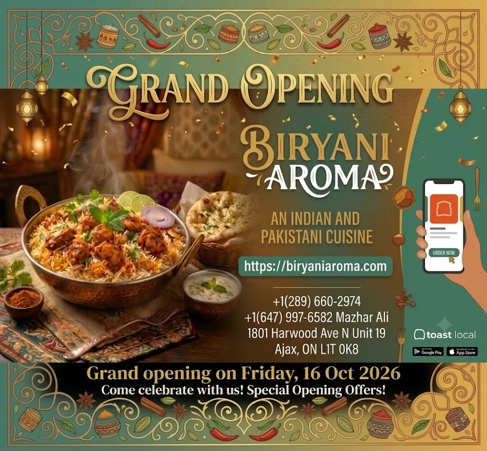 Biryani Aroma grand opening poster: opening Friday 16 October 2026 in Ajax